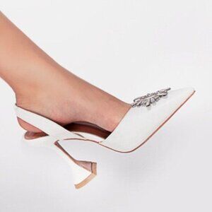 MICXKLZO White Slingback Pointed Toe High Heels Slip On Heeled Sandals Shoes